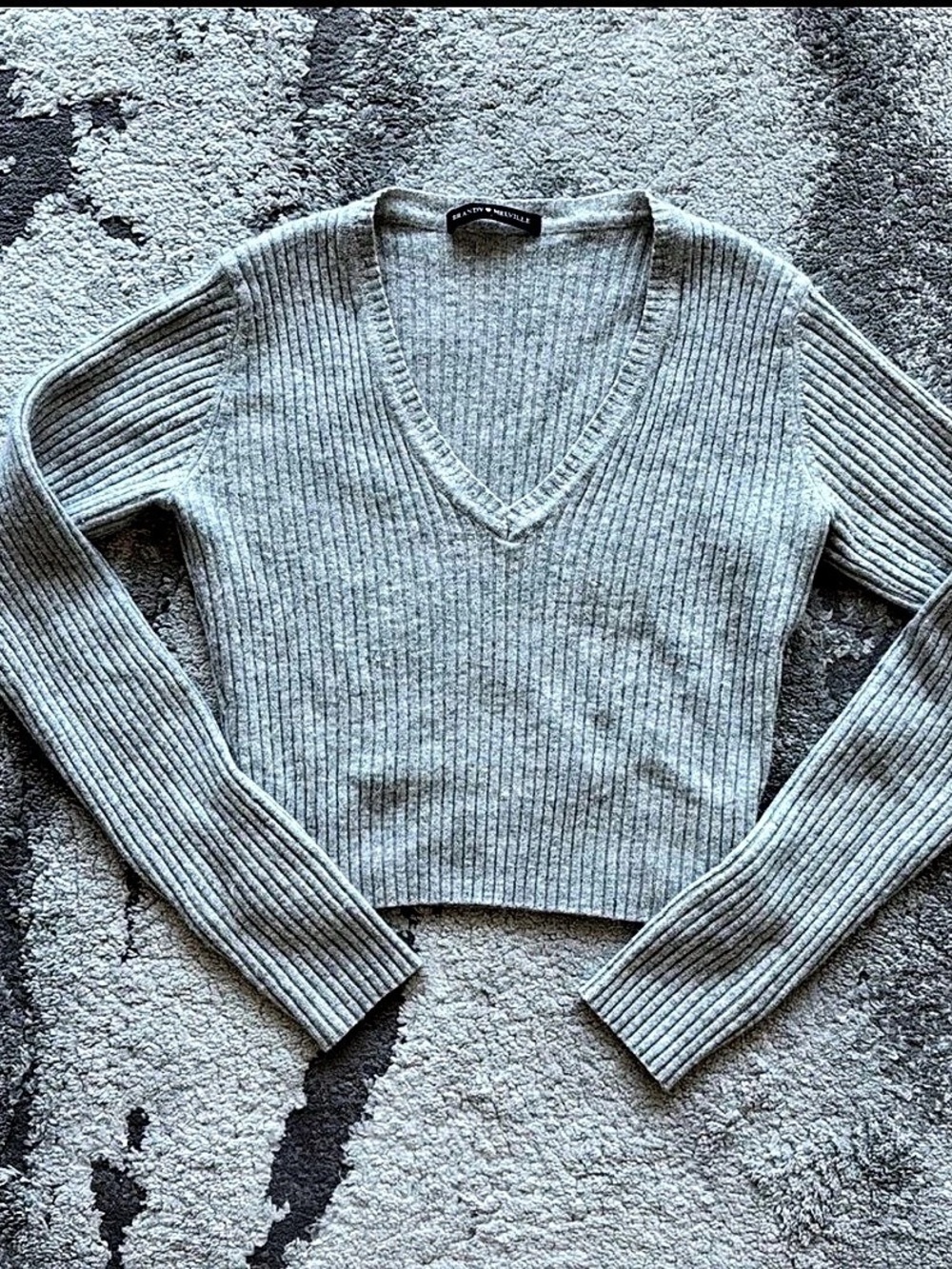 Brandy Melville Heather Grey Ribbed V-Neck Long Sleeve Top